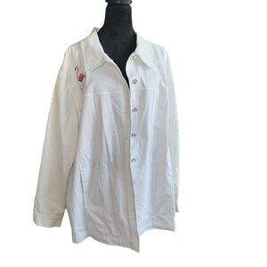 Quacker Factory QVC Denim Jacket embroidered flamingo in white/pink accent 2X
